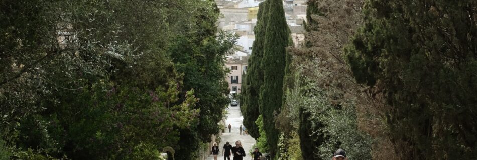 A runner powering up the historic Calvari steps in Pollença, Mallorca, during an intense hill training session.
