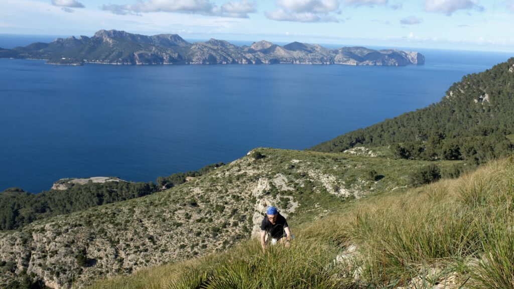 Panoramic view of the Mediterranean Sea from a high mountain trail between Alcúdia and Pollença in Mallorca.
